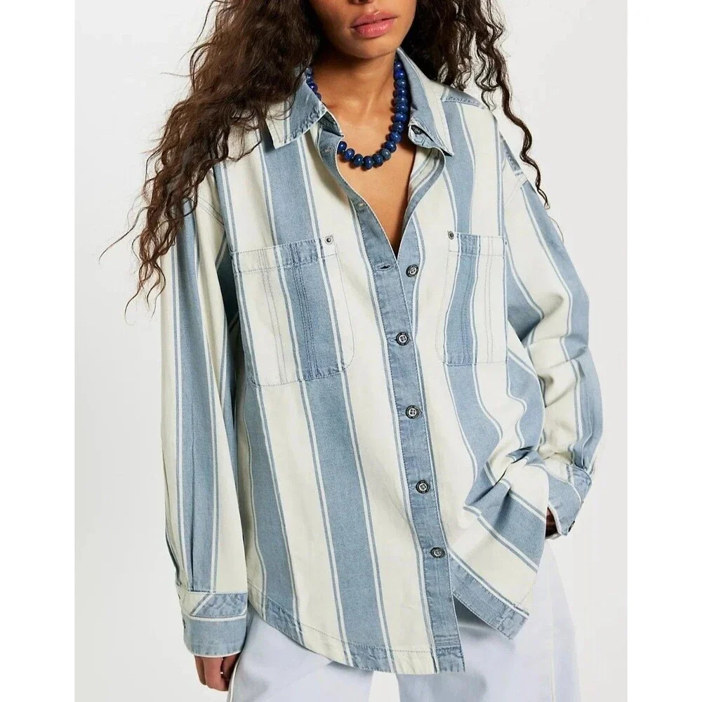 Free People We The Free Crossroads Striped Button Down Shirt Top Print XS 288557